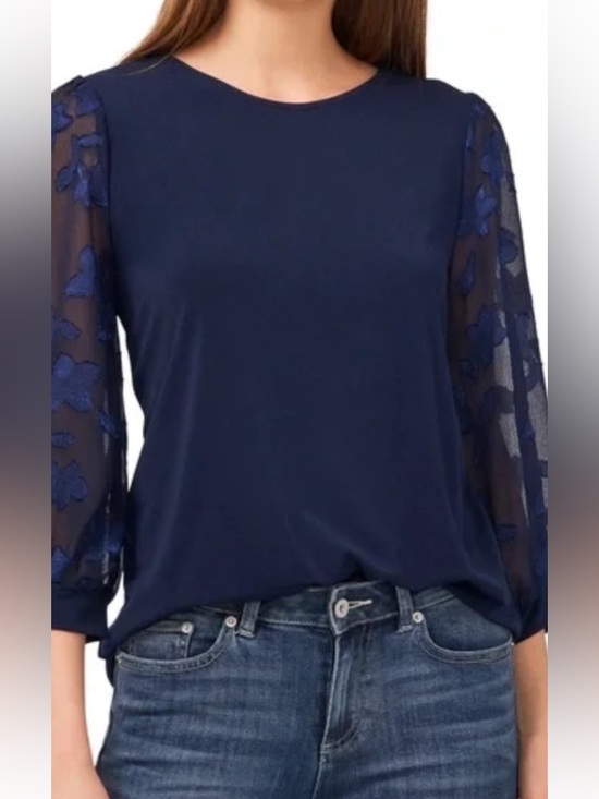 CeCe Tops - NWT CeCe Navy Floral Sheer Sleeve Blouse Sz M